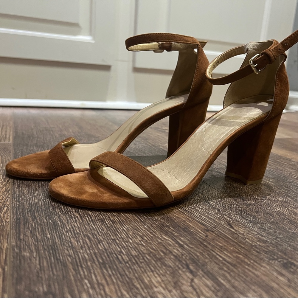 Stuart Weitzman Women's Cognac Leather Block Sandal Strap Size 9